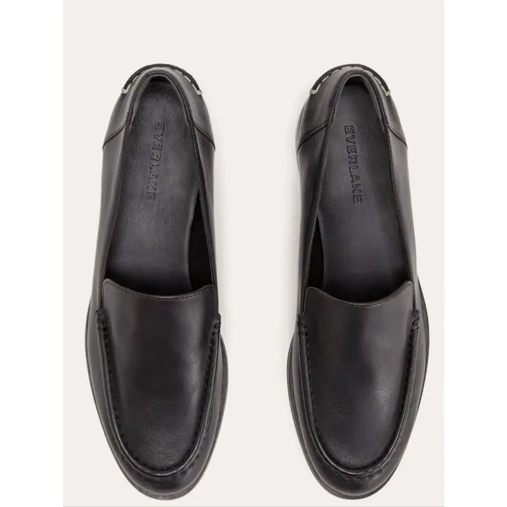 Everlane The Modern Classic Black Leather Slip On Loafers Stacked Heel Size 7.5